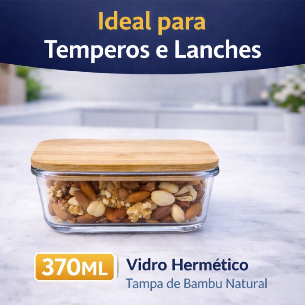 Pote Hermético 370ml Vidro Tampa Bambu Vedação Silicone Freezer Micro-ondas Premium - 1 2 3 Unidades