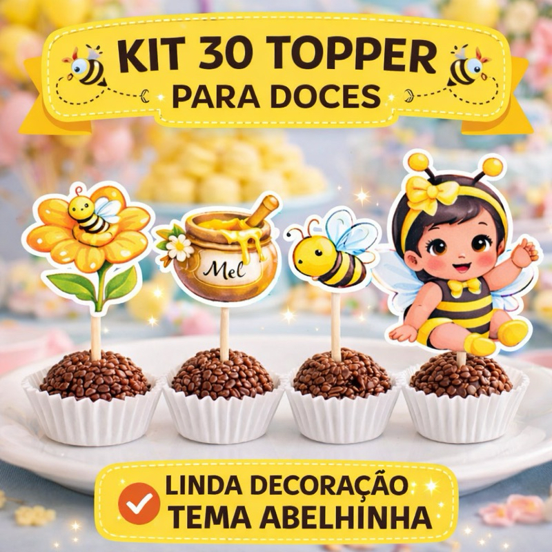 Kit de 30 Topos para docinhos Abelhinha - Topinhos - Toppers - Tags - Abelha