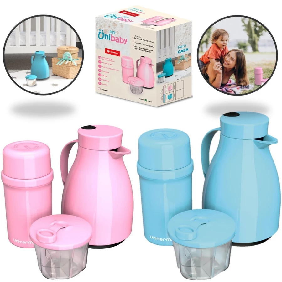 Kit Unibaby - 2 Garrafas Térmica 500ML/250ML - Porta Leite em Pó Dosador 300ML - 3 Peças em Oferta na Shopee