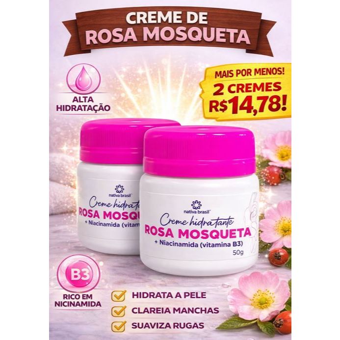 kit 2 Creme Hidratante Rosa Mosqueta Clareador Natural de Pele 50g