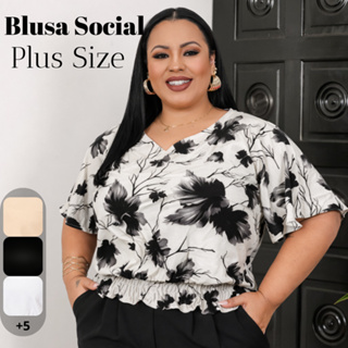 Blusa Plus Size Feminina Lastex na Cintura Babado Manga Curta Decote V Casual Social Duna em Oferta na Shopee