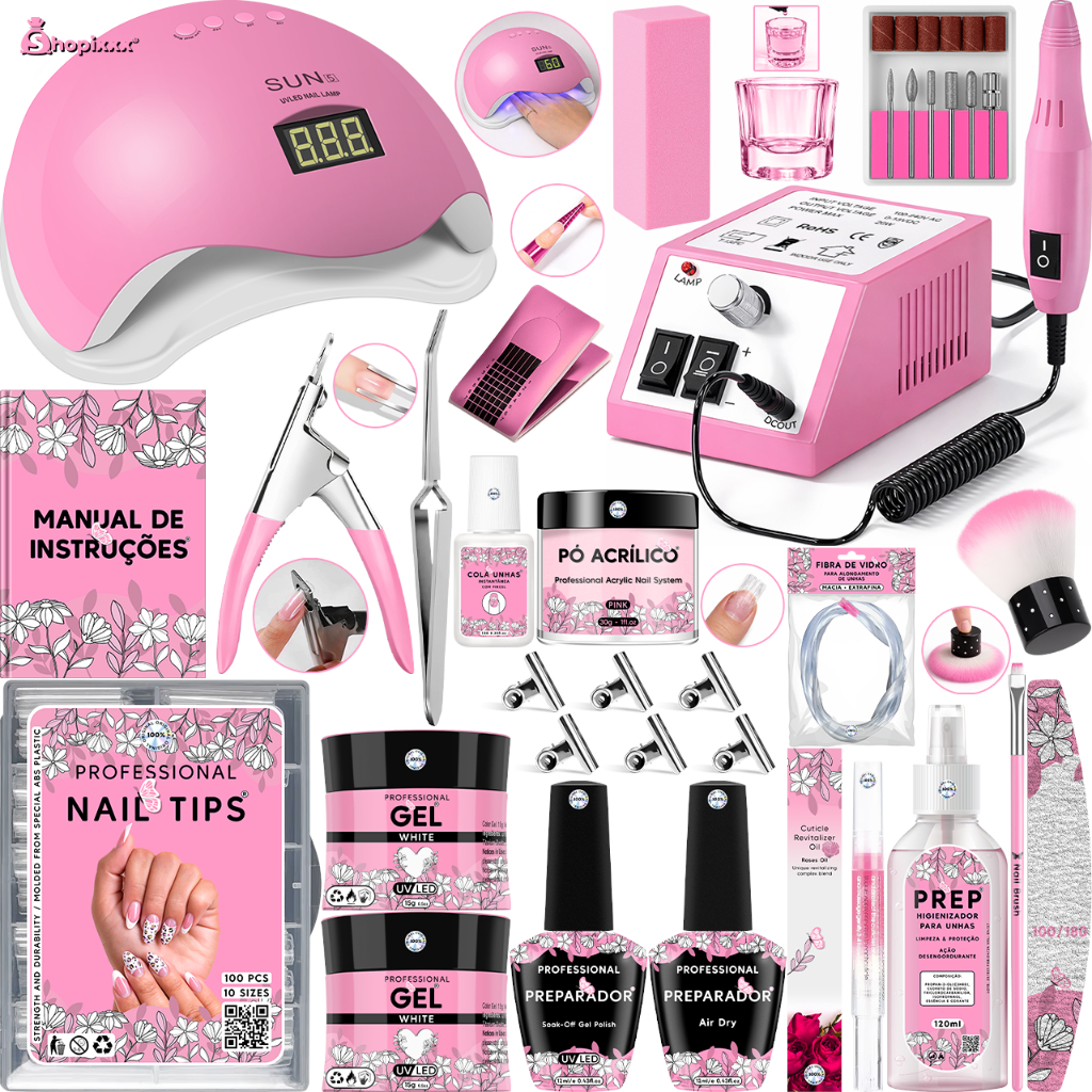 Kit Unha Gel Completo Lixadeira Elétrica Cabine Sun 5 Alongamento Unhas Tips Copo Dappen Fibra Prep