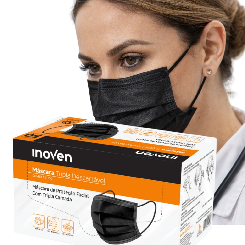 Máscara Preta Tripla Camada Alta Filtragem 50un Com Clipe Nasal em Oferta na Shopee