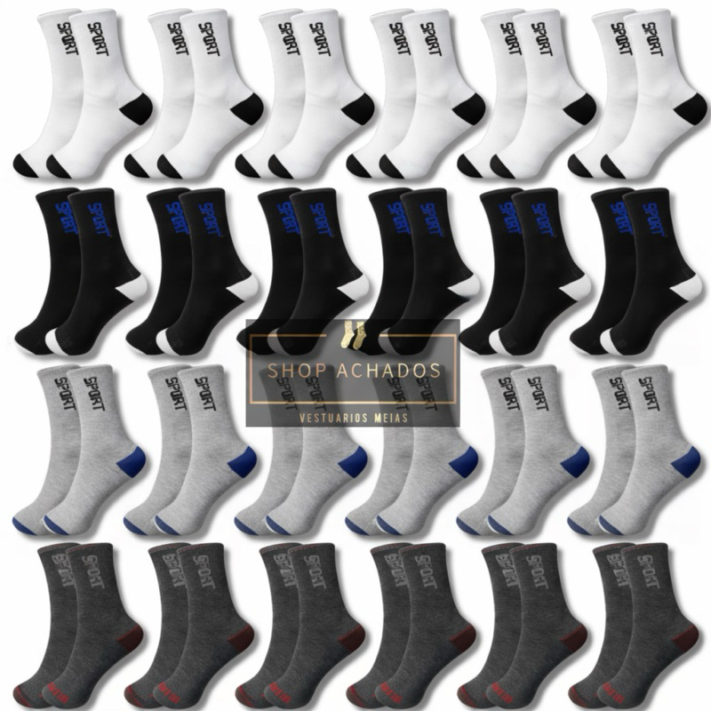 kit 12 pares de meia masculina cano longo algodão, cano curto, soquete feminina, meia para academia, social