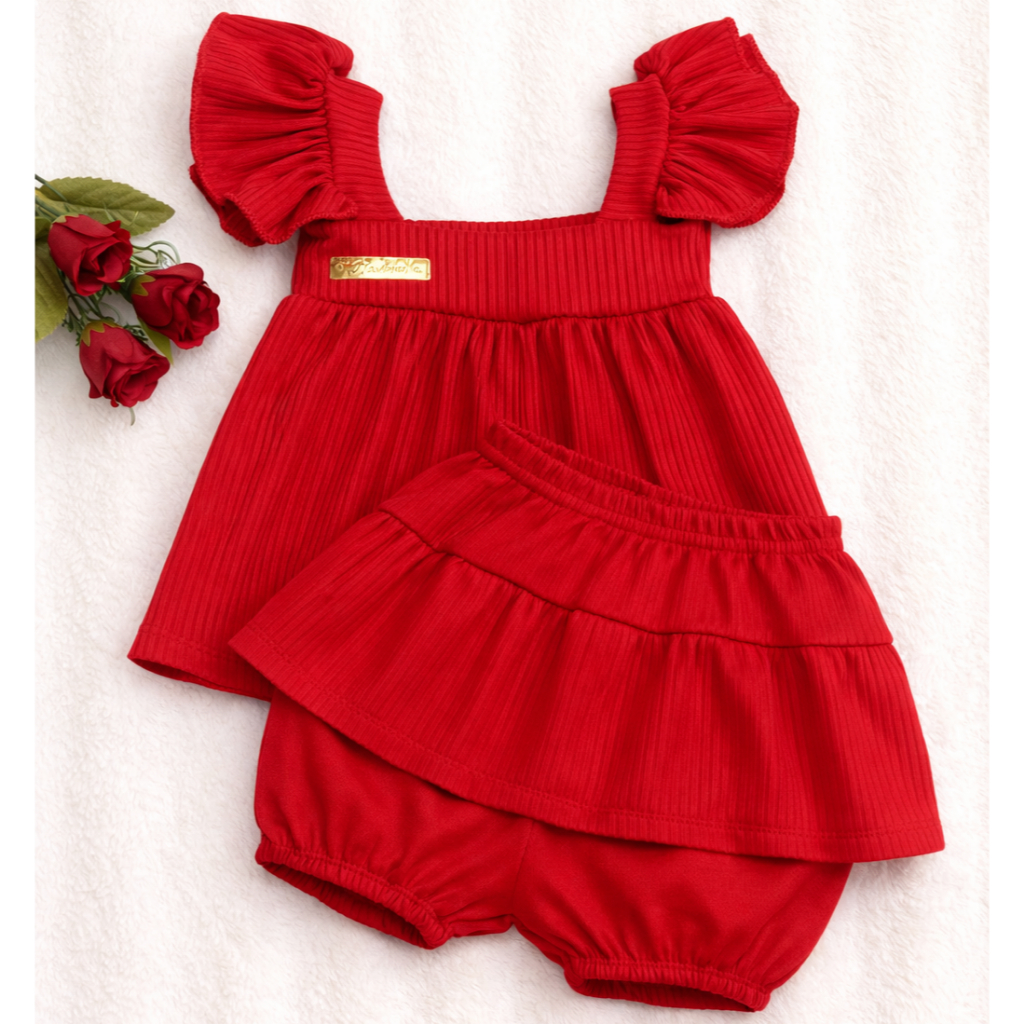 Conjunto Bebê Menina Vermelho Canelado Bata com Manga Babado e Short Saia Moderno e Confortável