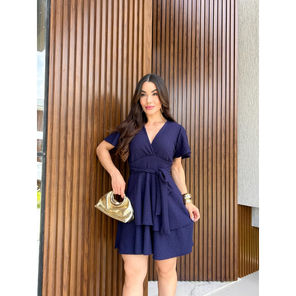 Vestido Curto Feminino Saia Godê Dupla Decote V Manga Flare Faixa Cintura Estilo Bonequinha Elegante