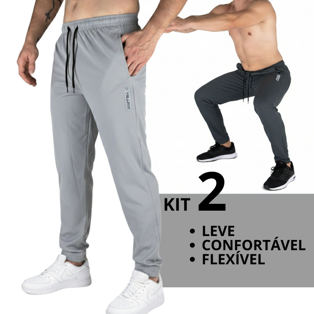 Kit 2 Calças Masculina Esportiva Academia Tactel Flexível Ajuste na Cintura e Bolsos Fundo