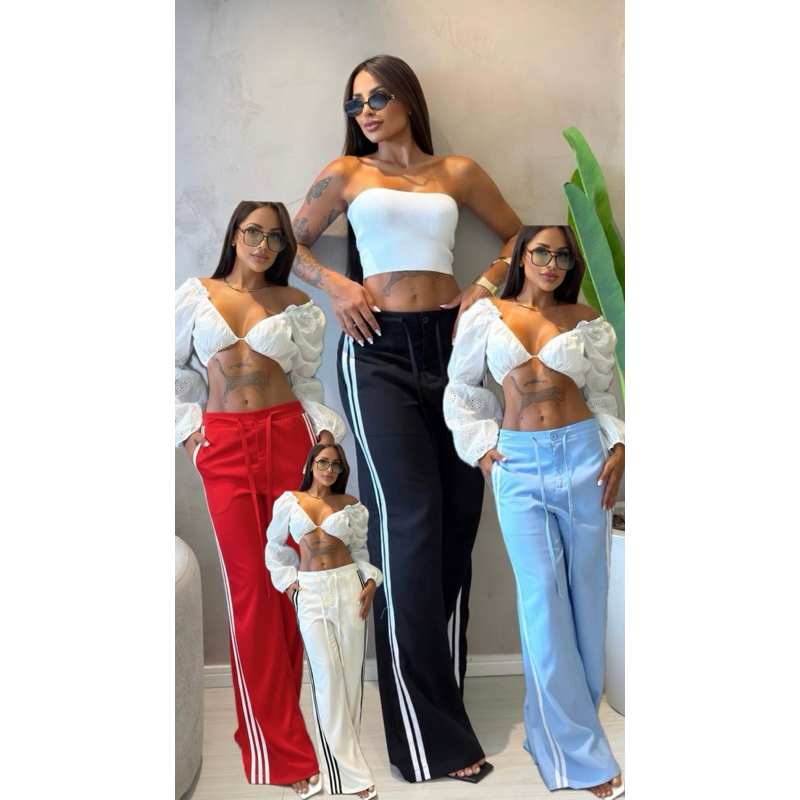 Calça Pantalona Wid leg feminina /tecido marrante e listras na lateral/pantalona em Oferta na Shopee