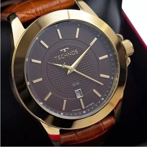 Relógio Technos Masculino Steel Dourado Pulseira Couro Marrom Caixa 43 mm em Aço Inox 2115MYA/0M