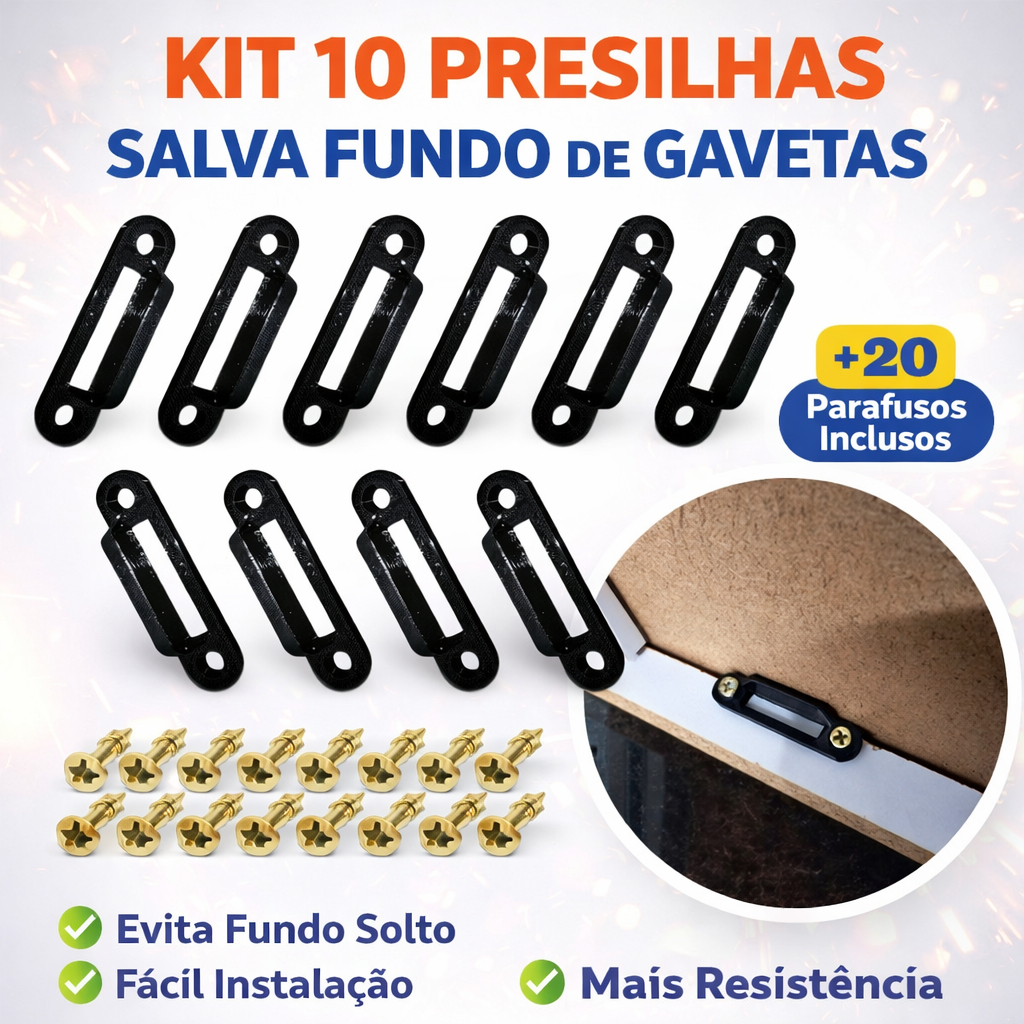 10 Presilhas Reforço Fundo Salva Gaveta + 20 Parafusos – Alta Resistência