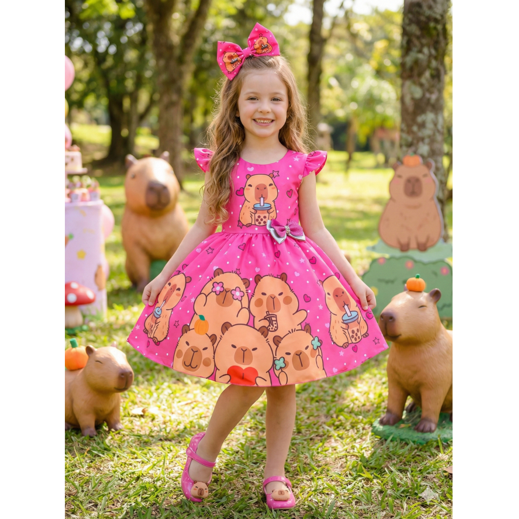 Vestido Infantil Capivara Fofa Rosa Pink Estampado Festa e Passeio 4 a 12 Anos com Laço de Cabelo em Oferta na Shopee