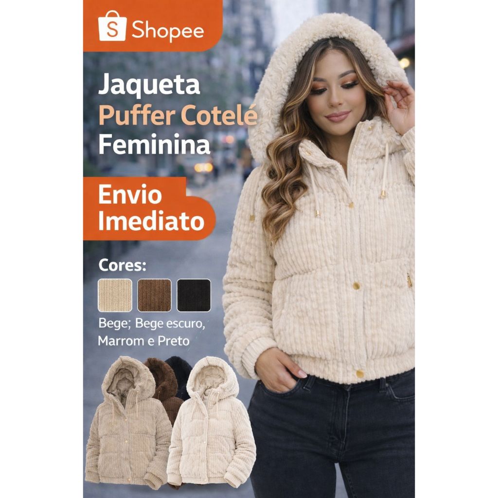 Jaqueta Puffer Pelúcia Cotelê Feminino Capuz Removível Inverno Quente em Oferta na Shopee