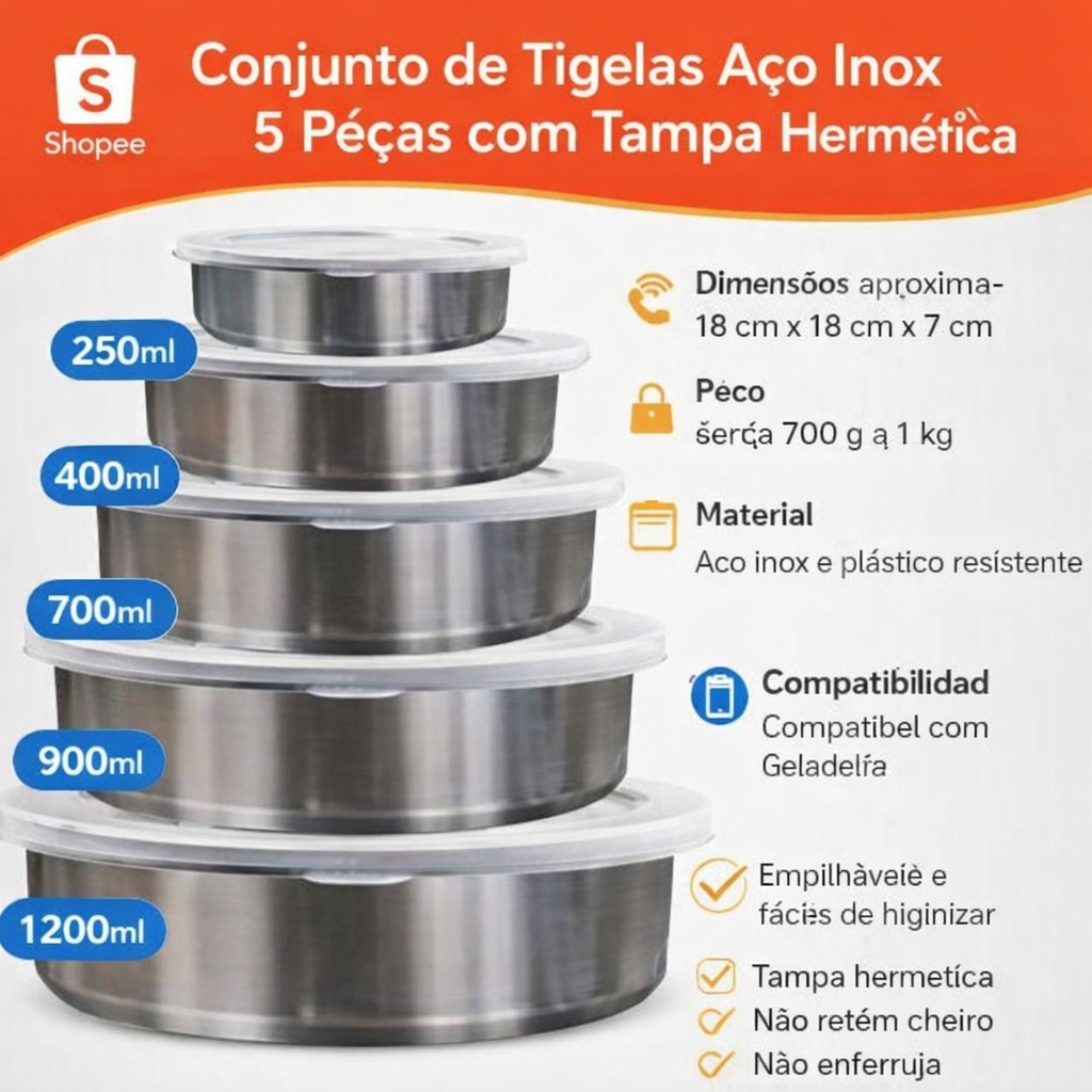 Jogo 5 Potes Tigelas em Inox Alumínio Com Tampa Redondo