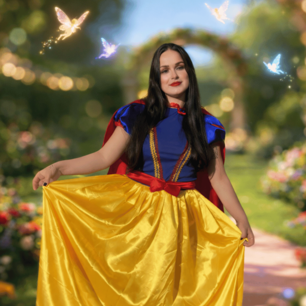 Vestido Princesa Branca de Neve Premium Adulto Longo  + Capa + Cinto + Laço Removível  Entrega Ultra Rápida