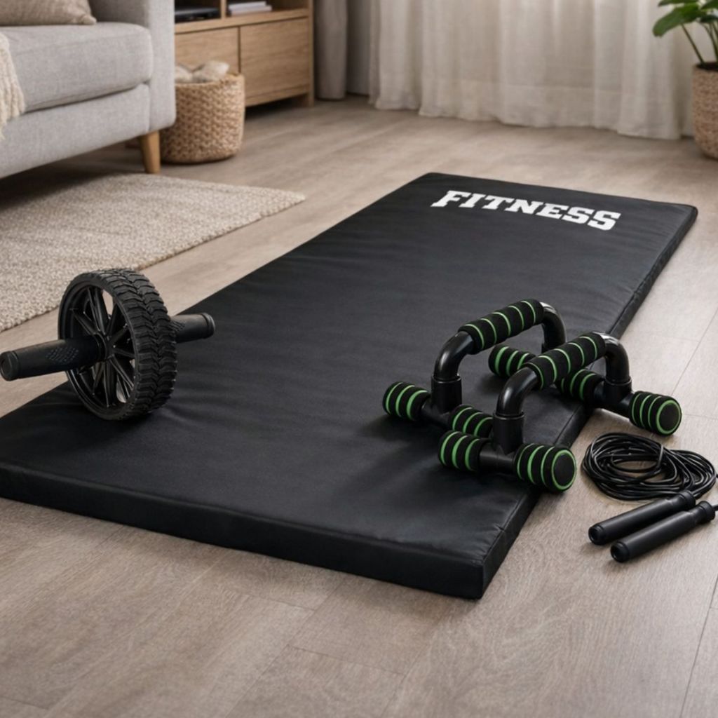 Imagem Kit Treino em Casa Completo Colchonete Roda Abdominal Corda Pular Apoio Flexão Treino Funcional Profissional Lançamento