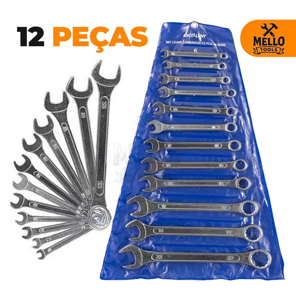 Jogo Kit Ferramentas Chaves Combinadas 6 a 22 mm Boca e Estrela com 6 - 10 - 12 Peças 1WT Excellent