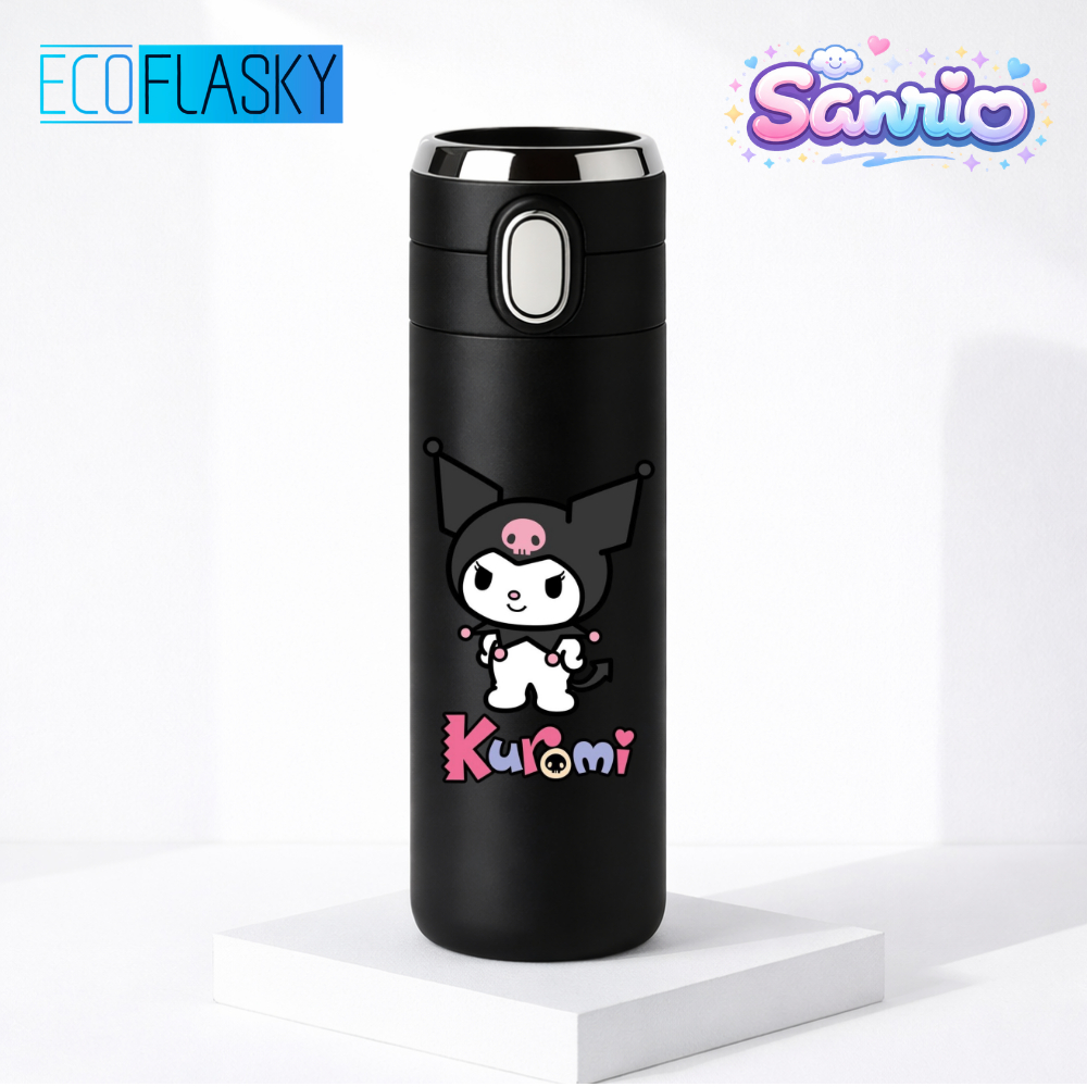 Garrafa Térmica De Água Infantil Aço Inox Kuromi Sanrio Estampada 420ml Termometro LED Digital