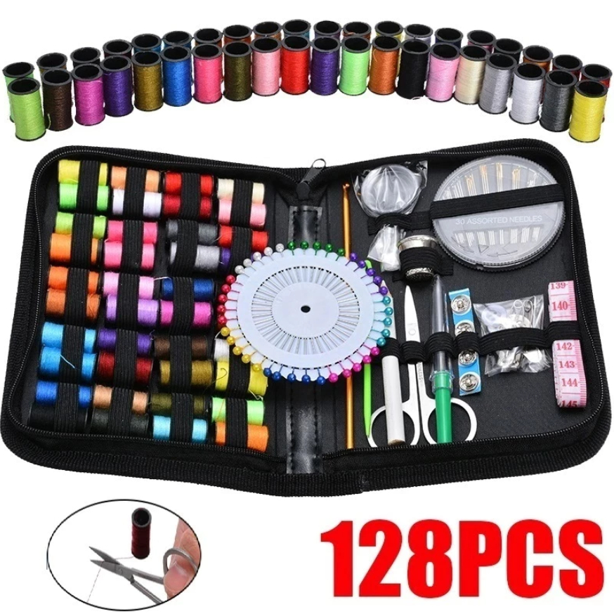 Kit de Costura 128 Peças Portátil Completo | Conjunto Profissional com Agulhas, Linhas, Tesoura e Acessórios