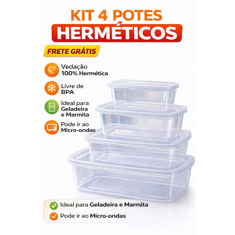 Kit 4 Potes Herméticos Plástico com Tampa – Pote Multiuso Livre de BPA | Geladeira, Freezer e Micro-ondas. Organizaçã