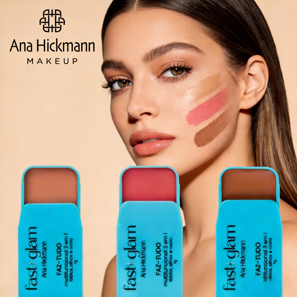 Maquiagem 3 em 1 Fast Glam Ana Hickmann | Lábios, Olhos e Rosto | Prática, Pigmentada e Versátil