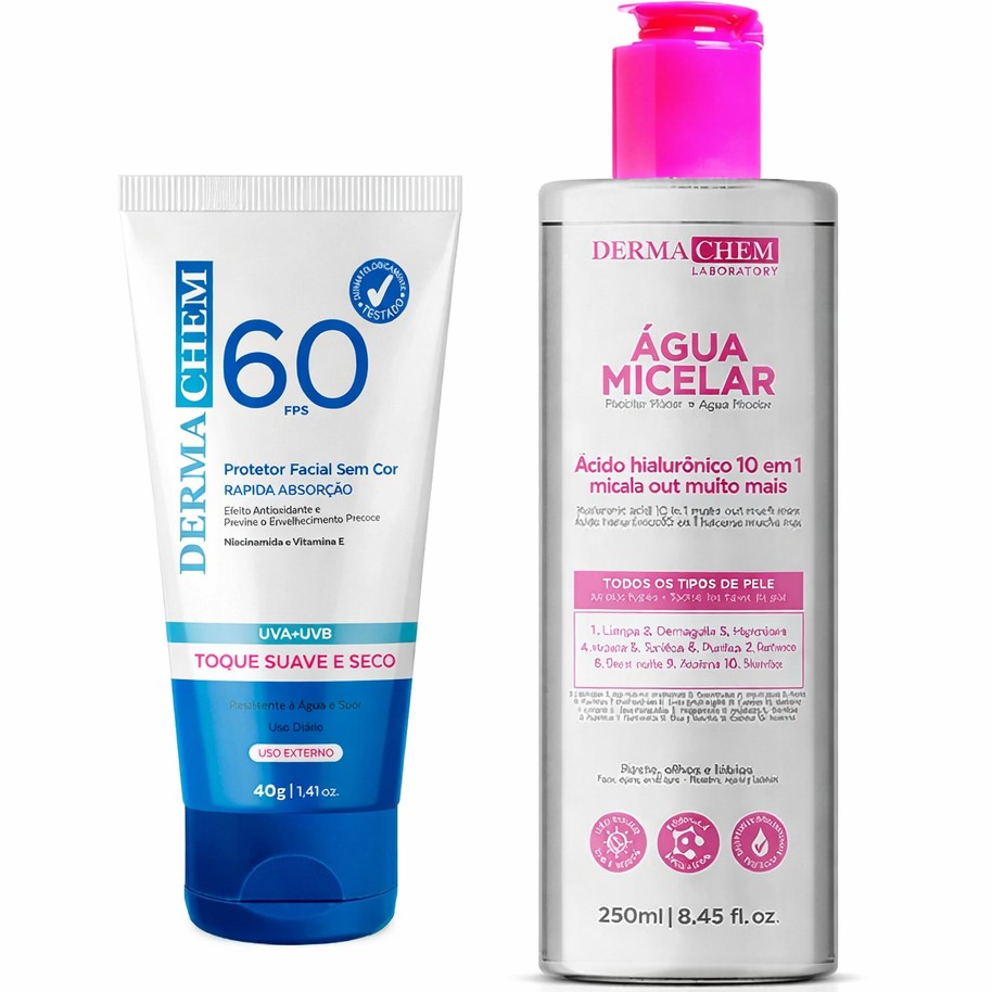 Kit PROTETOR SOLAR ROSTO FPS 60+AGUA MICELAR  ACIDO HIALURÔNUICO 250 ML- DERMACHEM