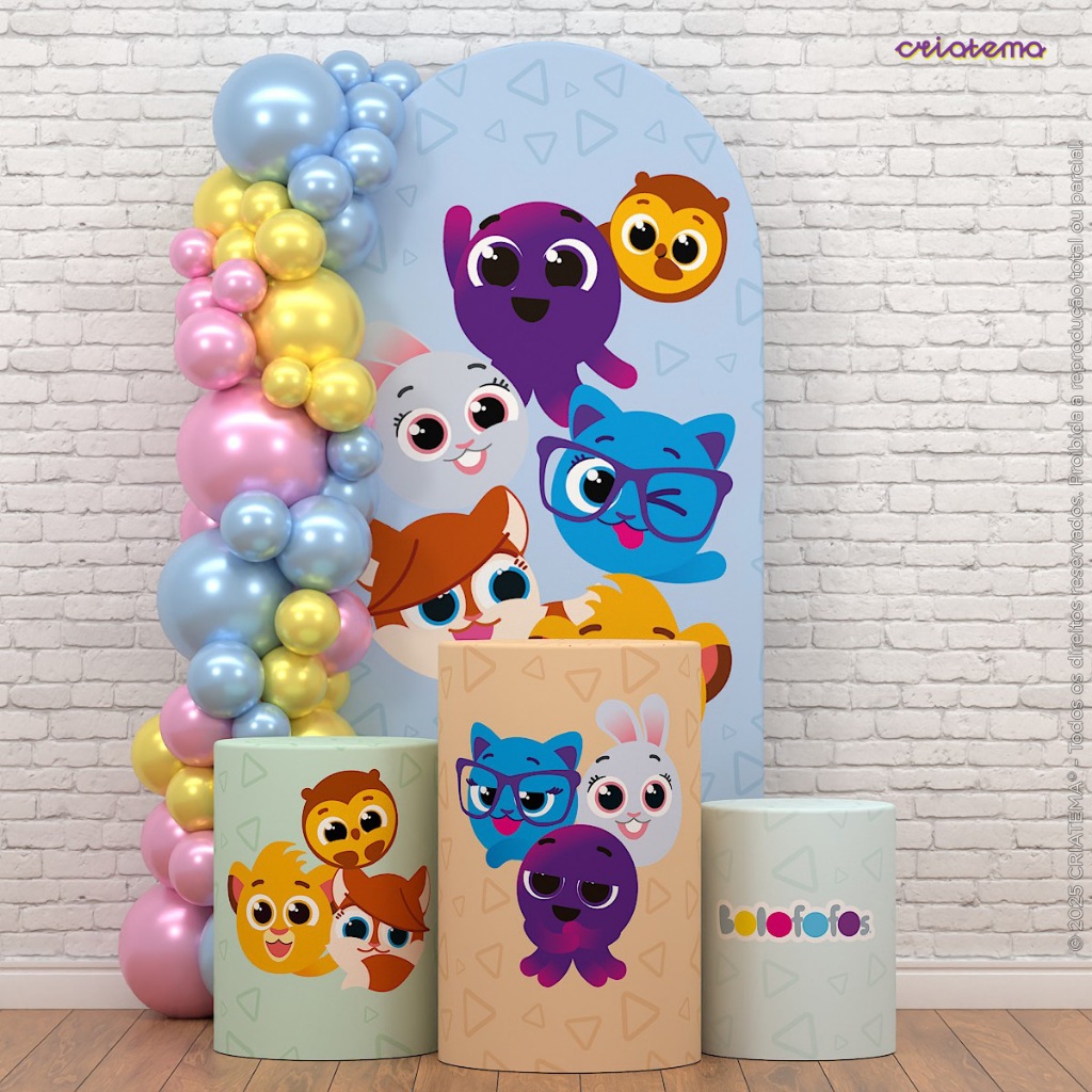 Capa Cilindro + Painel Romano Bolofofos Decoração Aniversário Infantil Sublimado Em Tecido - Licenciado