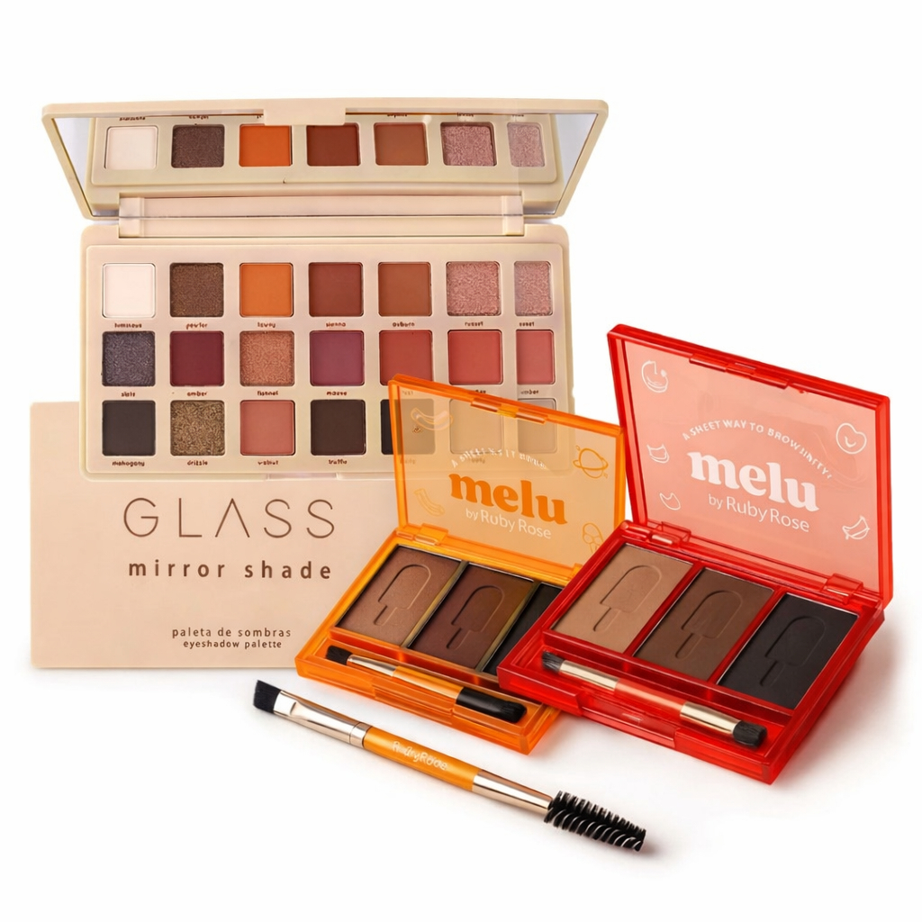 Paleta de Sombras Ruby Rose Glass Mirror Shade 18 Cores - Paleta de Sobrancelha Melu Make Profissional