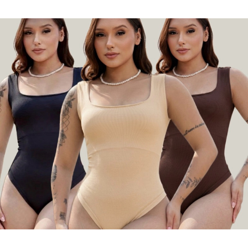 KIT 3 BODY FEMININO REGATA SUPLEX DECOTE QUADRADO FORRO DUPLO BORI