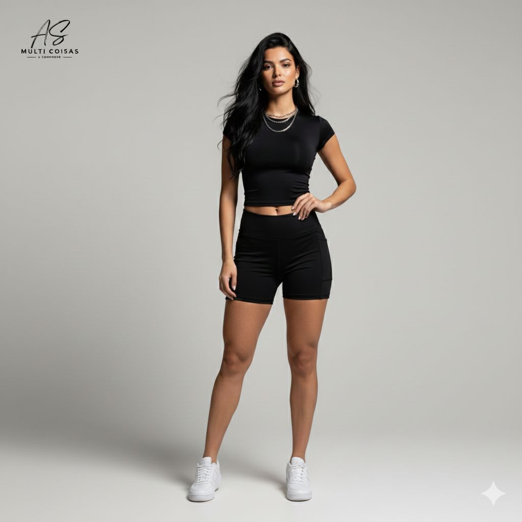 KIT CONJUNTO FEMINO ACADEMIA ROUPA SHORT CURTO TREINO SUPLEX ZERO TRANSPARENCIA LUTA CORRIDA BOXE CAMISETA FEMININA