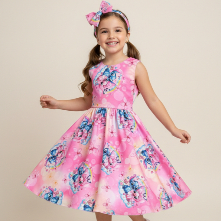 Vestido Temático Infantil Stitch e Angel Rosa Menina Festa Aniversário Lilo & Stitch Luxo