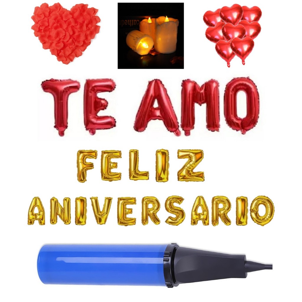 100 Pétalas + 10 Velas Led + 10 Balão Coração + Te Amo + Feliz aniversário + Fiitilho + Adesivo Cola Balão + Bomba de Ar