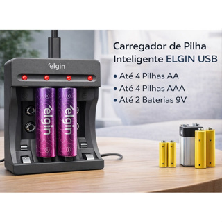 Carregador de Pilhas 4xAA ou 4xAAA e 2x Bateria 9v  Elgin - Com 2 Pilhas Recarregáveis AA em Oferta na Shopee