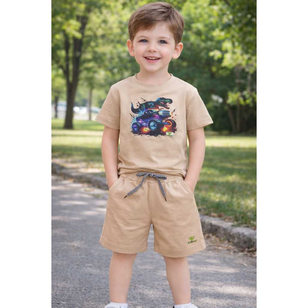 Conjunto Masculino Infantil Dino Malha Peruana Estiloso Camisa Bermuda Roupa Menino