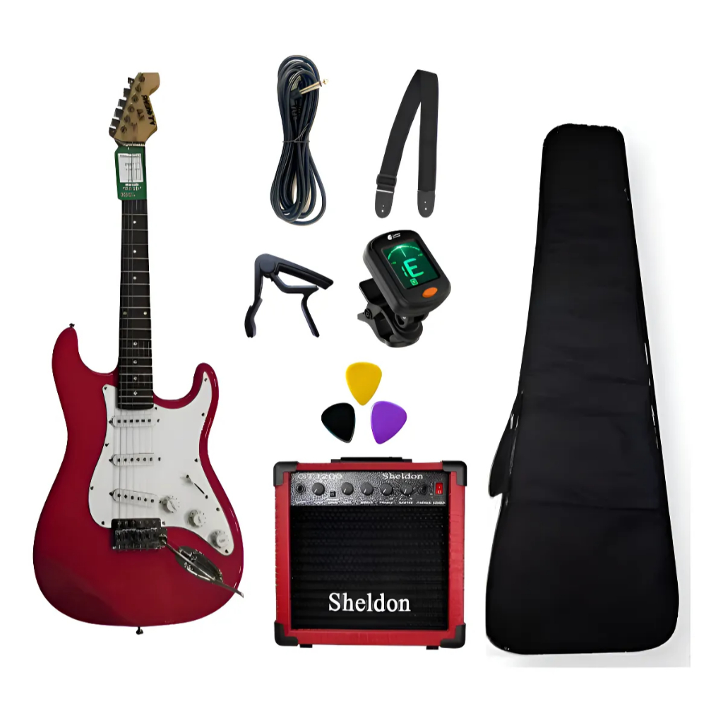 GUITARRA STRATOCASTER RED MUSIC +  GT1200 SHELDON  E  ACESSÓRIOS