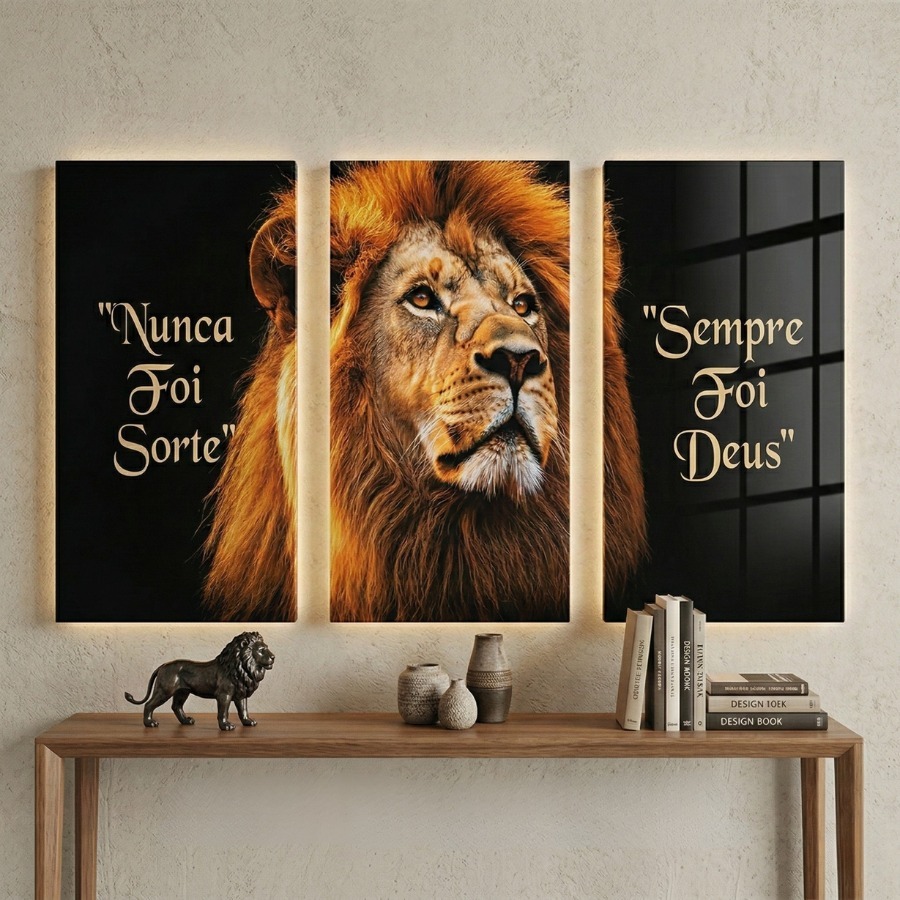 Kit 3 Quadros Decorativos Frase Leão de Judá Nunca Foi Sorte Sempre Foi Deus Salmo Religioso Mosaico