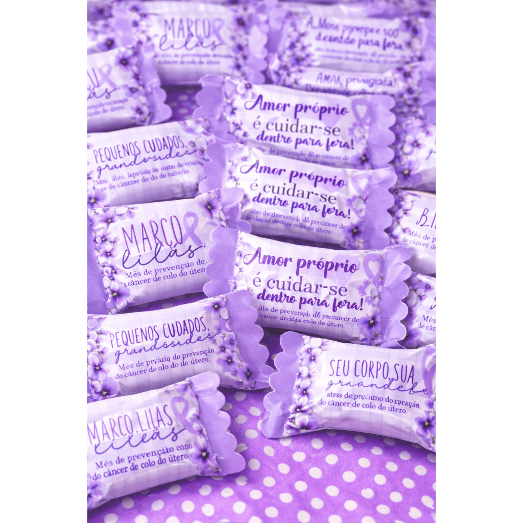 Balas Personalizadas - Março Lilás | Mulher/ Brinde Corporativo/  Lembrancinhas  Campanhas prevenção - Colocamos Logo
