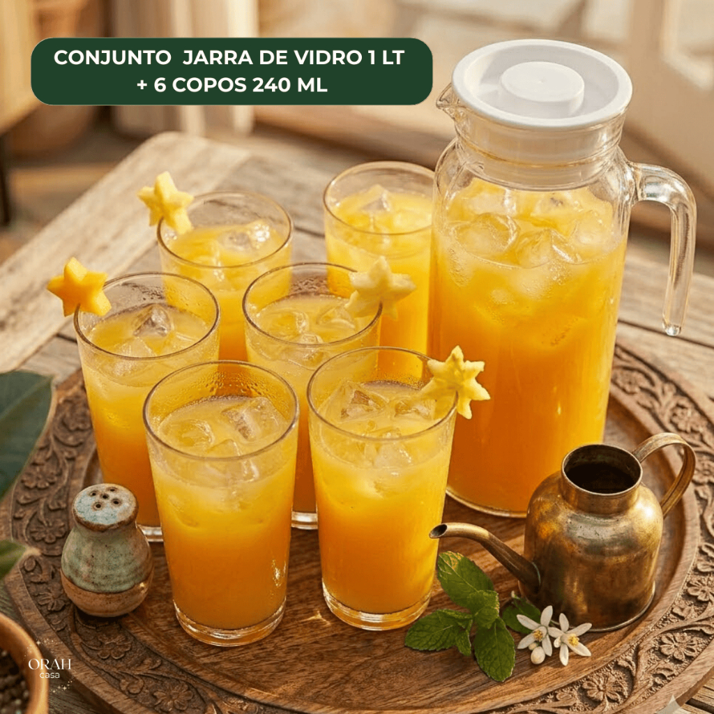 Kit Jarra Vidro 1L Tampa + 6 Copos 240ml Conjunto Água Suco Mesa Posta Elegante Resistente