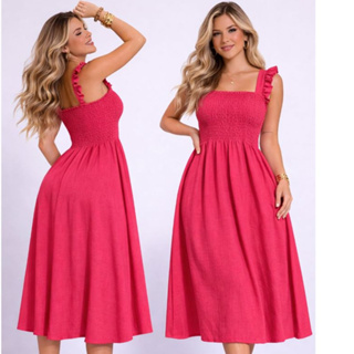 Vestido Longo Liso com Alças Babado Viscolinho com Forro e Elástico na Cintura Elegante Festa Trabalho Moda Tendência em Oferta na Shopee