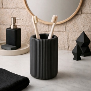 Porta escovas decorativo canelado preto minimalista para bancada do banheiro compacto e elegante em Oferta na Shopee