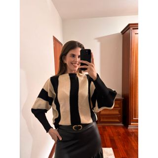 Blusa Listrada Tricô de Frio Ponto Fang Tricot  Manga Longa Meia estação Inverno malha leve em Oferta na Shopee