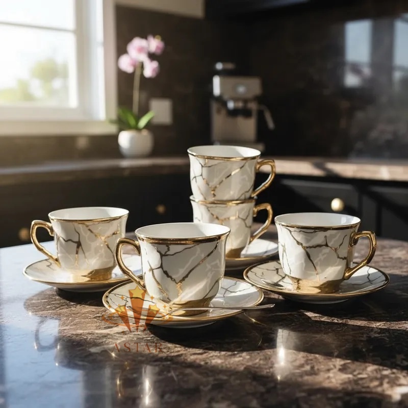 Jogo de Xícaras Com Pires Café/Chá 85ml Desenho Luxo Mármore 12 Unidades Cores Variadas Barato