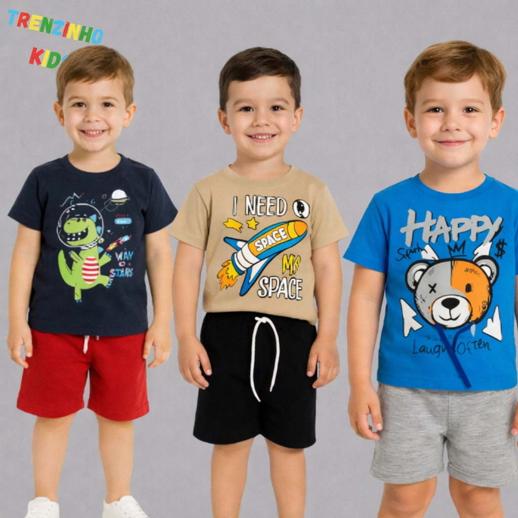 Conjunto Infantil Camiseta + Bermuda Moletinho Roupa Menino Verão 4 a 8 Anos Estampado