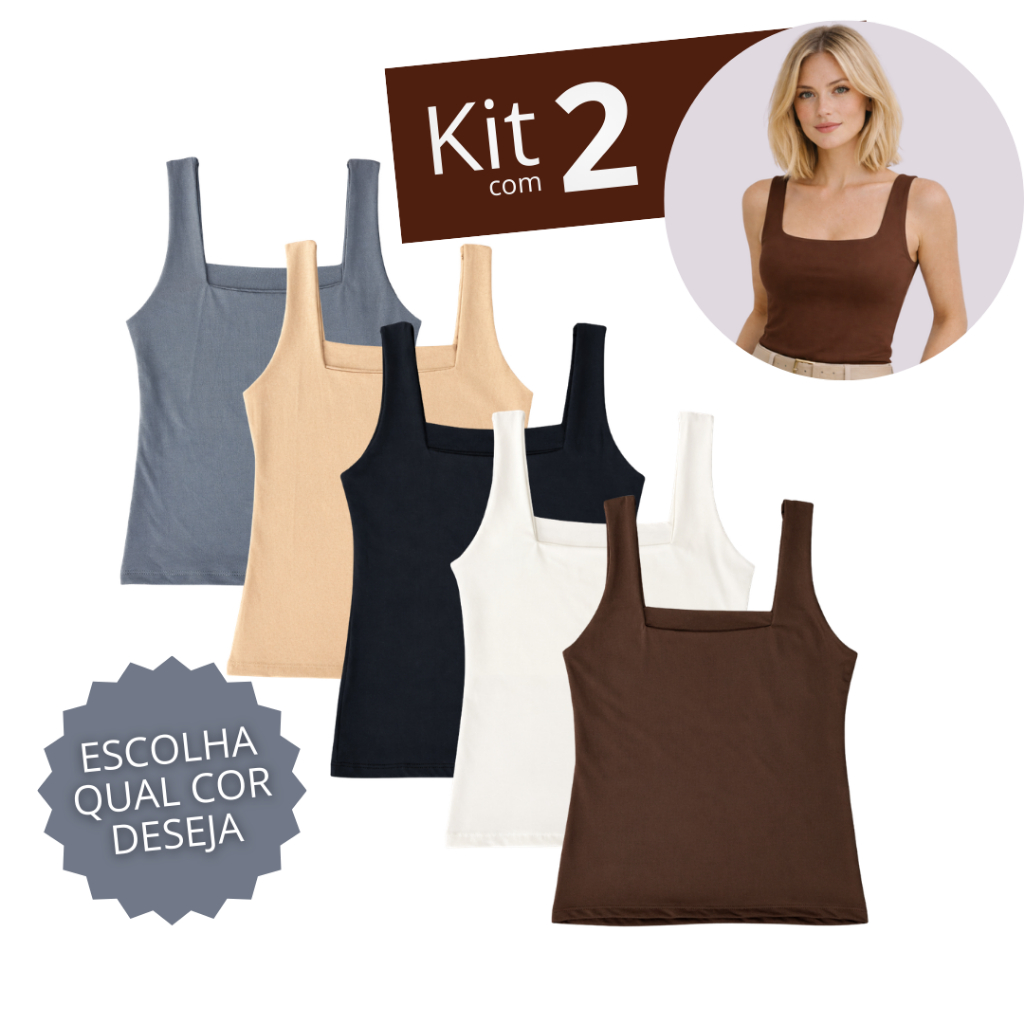 Kit 2 Blusa Regata Decote Quadrado Básica Feminina Moda feminina Blusinha Blusa de Academia Dia a Dia Formal