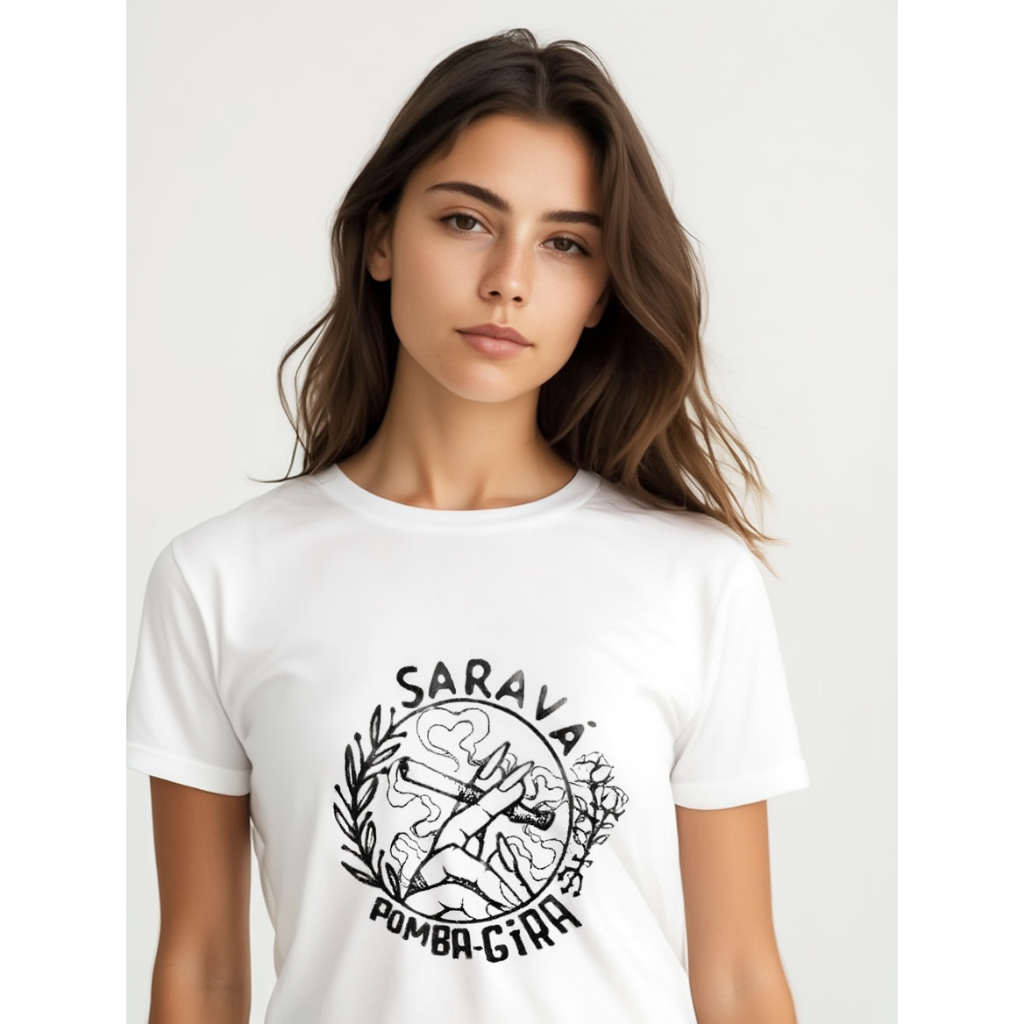 Camiseta Saravá Pomba Gira Candomblé Umbanda Quimbanda 100% Algodão Unissex Slim