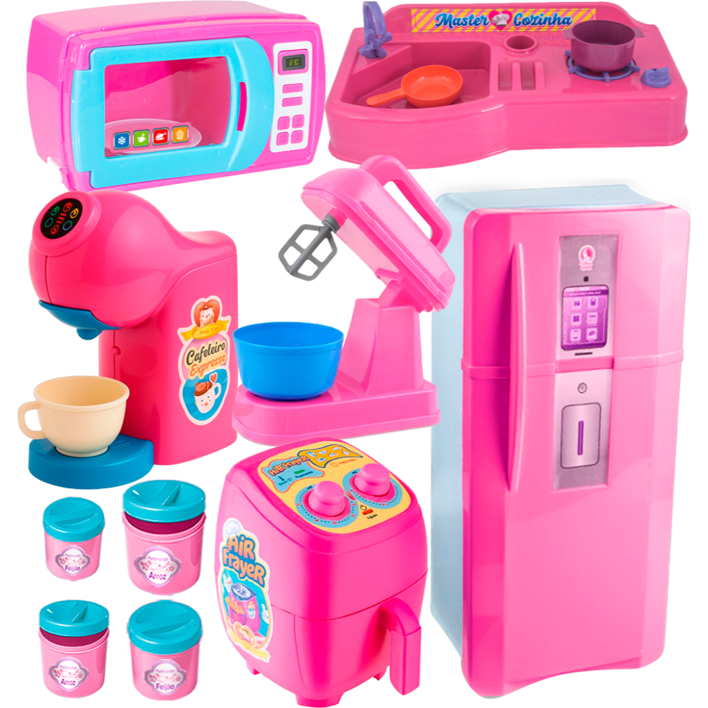 Kit Geladeira Atimar Rosa Cafeteira Air Fryer Batedeira Liquidificador Talheres Copo Mantimento