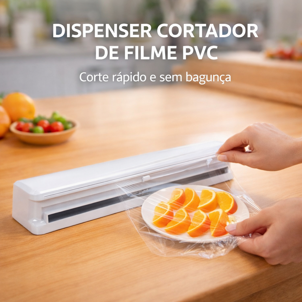 Dispenser Cortador Plastico Filme PVC Suporte Parede Bancada Cozinha Corte Facil Seguro Pratico