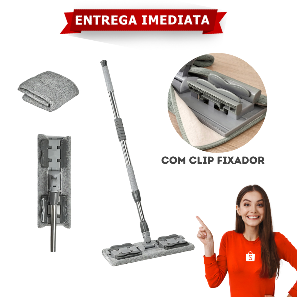 Rodo Mop De Microfibra Inteligente Chenile 360 Com Prendedor De Refil em Oferta na Shopee