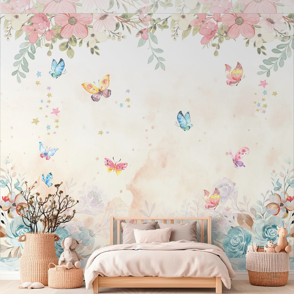 Papel De Parede Adesivo Floral Aquarelado Com Borboletas