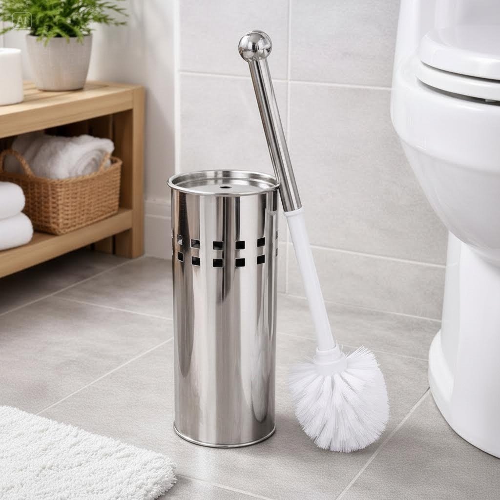 Escova Sanitária Com Suporte Aço Inox Kit Limpeza Vaso Banheiro Luxo Resistente Antiferrugem Escovão