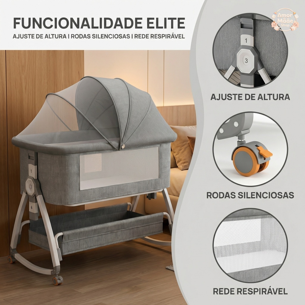Detalhes do Berço Portátil Moises Co-bed Com Balanço Mosquiteiro e Cesto Regulagem de Altura